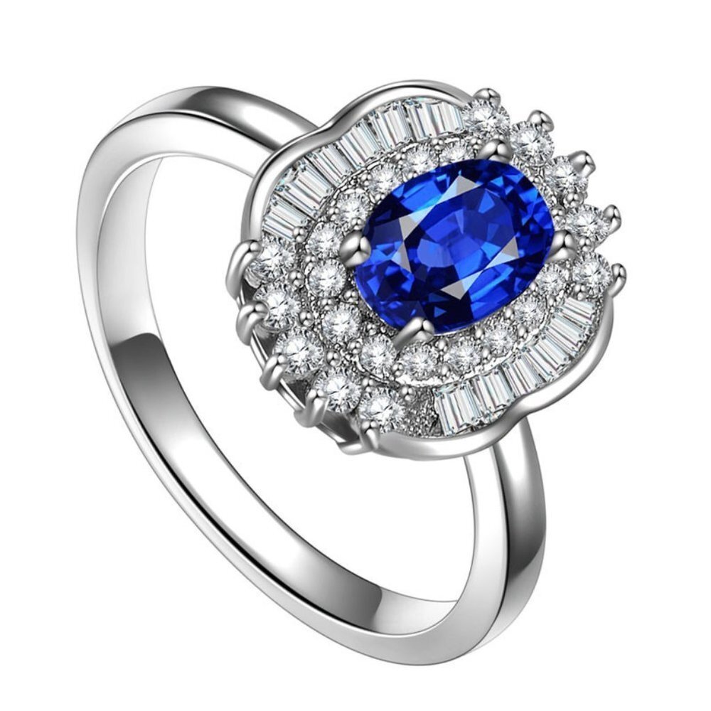 925 Silver Plated Oval Cut Promise Rings Blue CZ Ring, GPMB1511-8